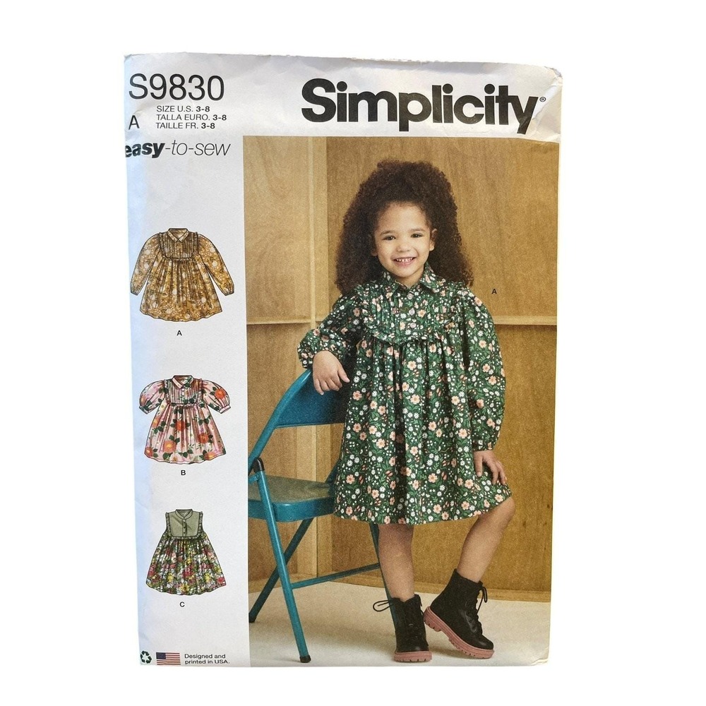 Simplicity S9830 Sewing Pattern Childrens Size 3-8 Easy Dress Collared Pleated